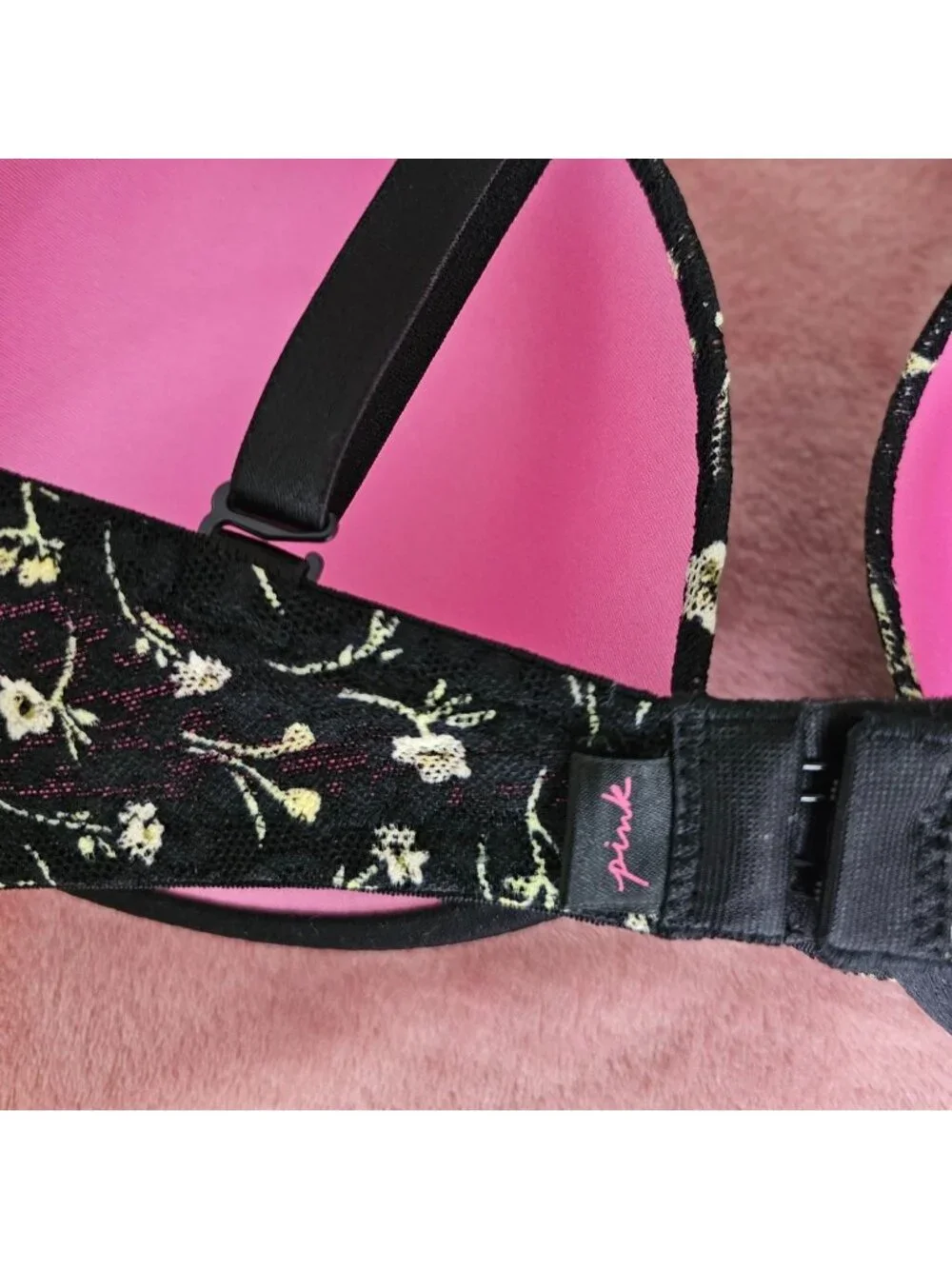 Black Floral Lace Victorias Secret Pink 34DD Push-Up Bra W/Adj Straps & Back - Picture 11 of 15
